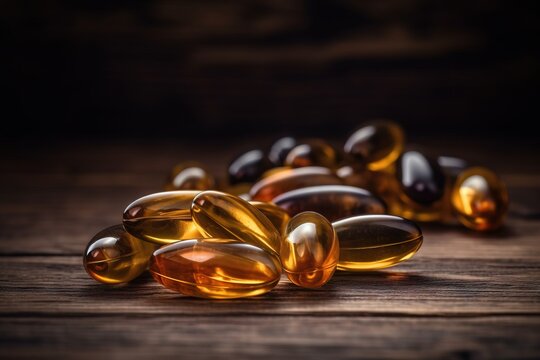  a bunch of fish oil capsules on a wooden table with a dark background and a few fish oil capsules in the foreground.  generative ai