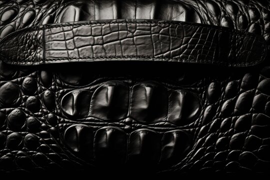  a black and white photo of an alligator skin leather material with a leather belt around the waist and a leather belt around the waist of the waist.  generative ai