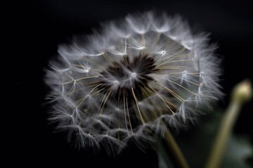  a close up of a dandelion on a black background with a blurry image of the dandelion in the foreground.  generative ai