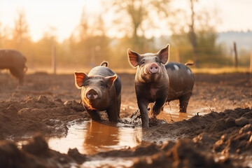 Happy pigs roaming free and farm meadow and mud. Farm animal welfare and care. Generative Ai