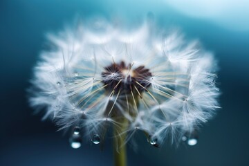  a close up of a dandelion with drops of water on the dandelion flower head and a blue background with a blurry light.  generative ai