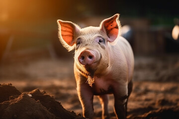 Happy pigs roaming free and farm meadow and mud. Farm animal welfare and care. Generative Ai