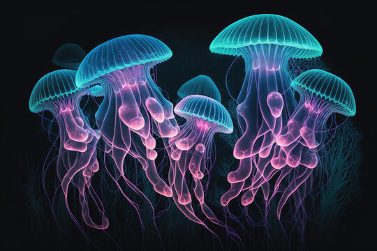 Glowing jellyfish swim deep in blue sea. Generative Ai technology.
