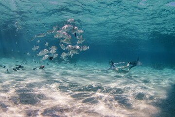 Female diver swimming with a shoal under the ocean