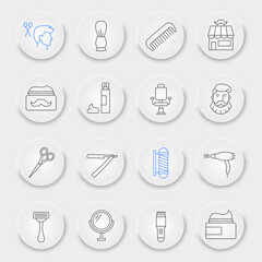 Barber shop line icon set, barbershop collection, vector graphics, neumorphic UI UX buttons, barber shop vector icons, cosmetic signs, outline pictograms, editable stroke