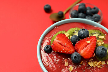 Concept of delicious food with smoothie with different ingredients, space for text