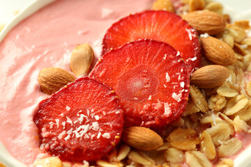 Concept of delicious food with smoothie with different ingredients, close up