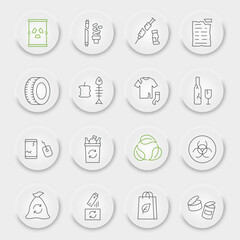 Zero waste line icon set, recycle collection, vector graphics, neumorphic UI UX buttons, zero waste vector icons, environment signs, outline pictograms, editable stroke