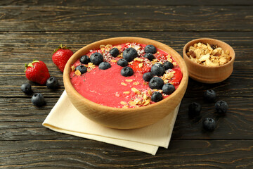 Concept of delicious food with smoothie with different ingredients, close up