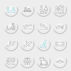Airport line icon set, travel collection, vector graphics, neumorphic UI UX buttons, airport vector icons, terminal signs, outline pictograms, editable stroke