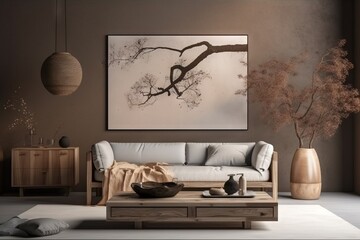  a living room with a couch, coffee table and vases on the floor and a painting on the wall above it with a tree in the background.  generative ai