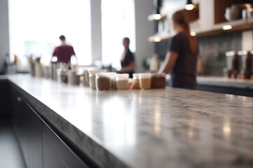  a counter top in a restaurant with people in the background and a person standing at the counter in the foreground of the photo,.  generative ai