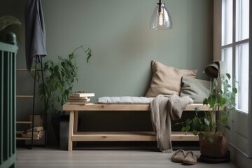  a room with a wooden bench and a light bulb hanging from the ceiling and a potted plant on the side of the bench and a pair of shoes on the floor.  generative ai