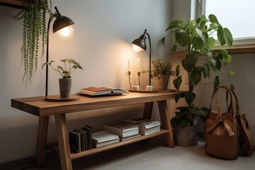  a wooden table with a book and a bag on it next to a plant and a lamp on the wall above it and a book on the table.  generative ai