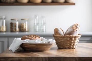 Fototapeta na wymiar a basket of bread sitting on top of a wooden table next to a loaf of bread on top of a white cloth on top of a wooden table. generative ai