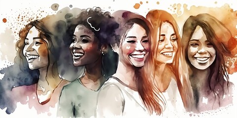Fototapeta na wymiar Happy women group for International Women's day. International Women's Day. Watercolor style illustration, Generative AI.