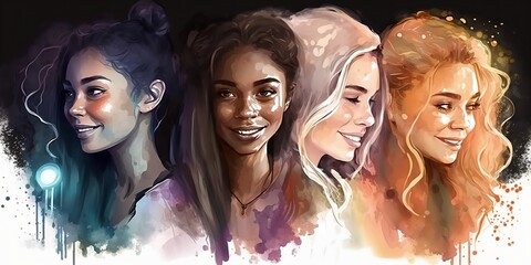 Fototapeta na wymiar Happy women group for International Women's day. International Women's Day. Watercolor style illustration. Generative AI