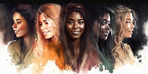 Fototapeta na wymiar Happy women group for International Women's day. International Women's Day. Watercolor style illustration, Generative AI