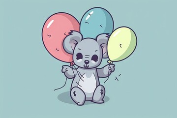  a cartoon koala holding a bunch of balloons in it's hand and a balloon in the other hand with a sad face on it.  generative ai
