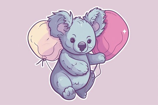  a cartoon koala holding a pink and yellow balloon on a pink background with the words koala on it's side and a pink balloon in the shape of the shape of a koala.  generative ai
