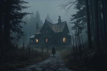 Fototapeta na wymiar a scary house and a witch in the dark forest cinematic Generative AI