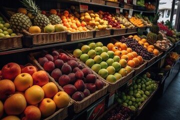  a fruit stand filled with lots of different types of fruits and vegetables in baskets and baskets on the shelves of the store's shelves.  generative ai