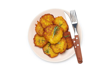 Tasty potato pancakes isolated on white background