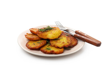 Tasty potato pancakes isolated on white background