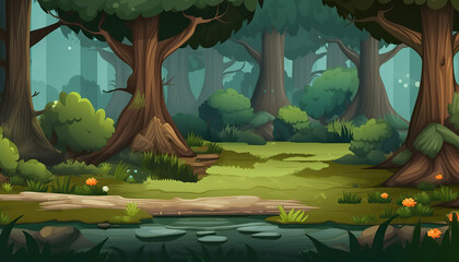 Game Art Fantasy Forest Environment, Concept illustration cartoon style, background created with Generative AI