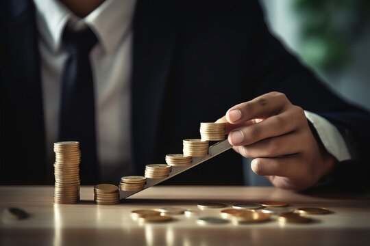  a man in a business suit is stacking coins with a wooden ruler on a table in front of a stack of gold coin stacks.  generative ai