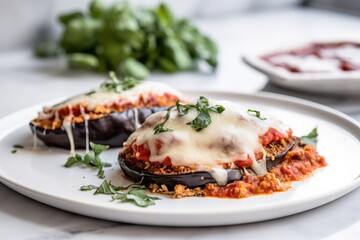  a plate of stuffed eggplant covered in cheese and sauce with a bowl of sauce in the back ground and a plate of stuffed eggplant in the background.  generative ai
