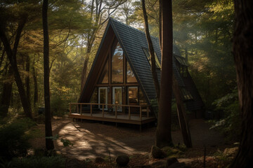 Fototapeta na wymiar Soft light with A frame chalet desgin in the woods. Cabin in the shape of an A with glass windows in the forest with sunlight. Rural tourism in the forest. Ai generated