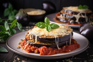  an eggplant covered in sauce and cheese on a plate with basil leaves on top of the plate and another eggplant in the background.  generative ai