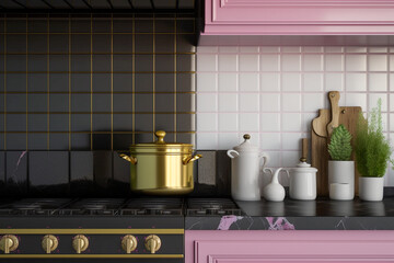 Kitchen stove in a kitchen, modern interior design. Super photo realistic background. Generative ai illustration