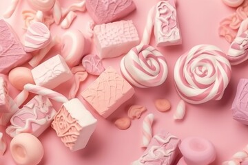  a pink background with lots of different types of soaps and candies on top of each other and a pink background with lots of different shapes and sizes of soaps.  generative ai