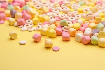  a pile of pastel colored beads on a yellow surface with a pink dot in the middle of the image and a pink dot in the middle of the beads.  generative ai
