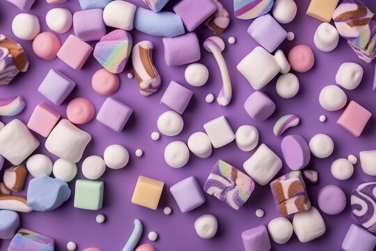  a purple background with marshmallows and other sweets on top of it and a candy scoop on the bottom of the image and a candy scoop on the bottom of the image.  generative ai