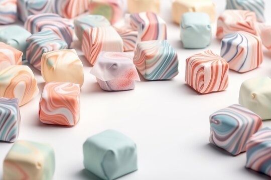 a bunch of different colored candies on a white surface with one of them in the middle of the picture and the other in the middle of the picture.  generative ai