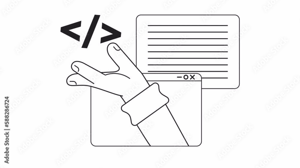 Poster animated mono create website script. webpages source code. 2d black and white flat character hand 4k