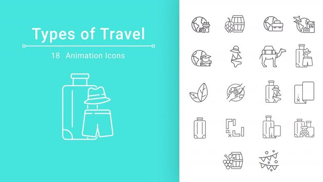Types of travel linear animation. Flying abroad. Business trip. Family tour. Vacation. Seamless loop HD video with alpha channel on transparent background. Outline motion graphic animation