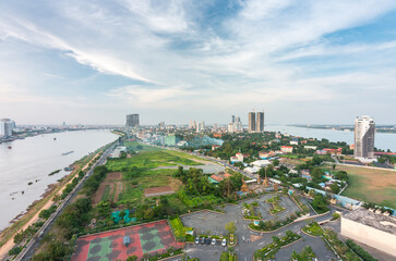 Rooftop view over Phnom Penh,showing the two rivers of the Mekong and Tonle Sap,running through the capital city,Cambodia.