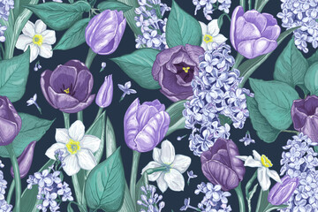 Floral seamless pattern with hand drawn Spring Flowers on a dark blue background. Vector illustration of Tulips, Lilac and Narcissus. Blooming white, blue, indigo flowers and green leaves - 588287121