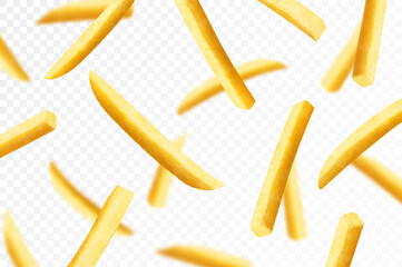 French fries background. Fast food banner. Flying french fries potatoes with blurry effect isolated on white. Junk food. Falling roasted vegetable pieces. Realistic 3d vector illustration