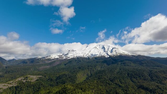Time lapse drone footage of clouds moving over Calbuco volcano in Puerto Varas, Chile