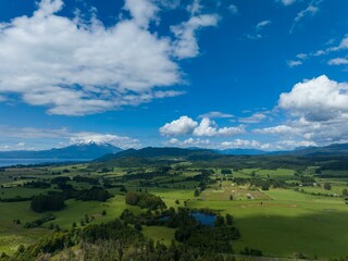 Drone shot of Puerto Varas city on the foot of the Calbuco volcano in Chile