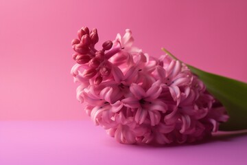  a pink flower with a green stem on a pink background with a green leaf in the middle of the picture and a pink background behind it.  generative ai