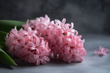  a bunch of pink flowers sitting on top of a gray tablecloth next to a green leafy plant on a gray surface with a gray background.  generative ai