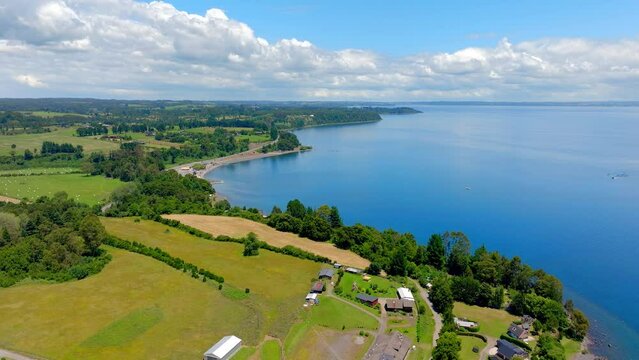 Drone view of Llanquihue Lake in Chile on a sunny day