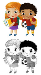 cartoon child kid boy and girl pupils going to school learning childhood illustration for children