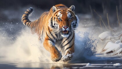 Fototapeta na wymiar The majestic tiger in motion through the snow, generative ai
